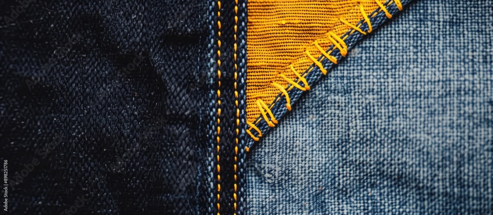 Poster view from above of denim fabric with a prominent double yellow seam creating a captivating backgroun