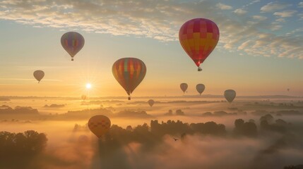 Naklejka premium Hot Air Balloons Soaring Above Misty Landscape at Sunrise.