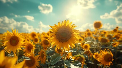Fototapeta premium A vast sunflower field under a clear blue sky Sun rays filter through scattered wispy clouds, illuminating the golden blooms