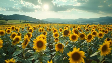  A vast expanse of sunflowers fills the field's heart, mountain range distant