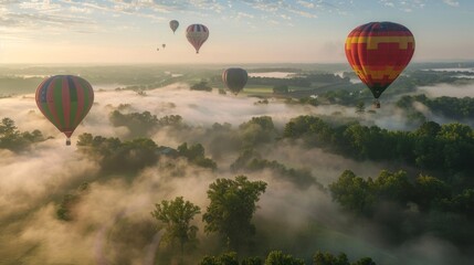 Obraz premium Hot Air Balloons Soaring Above Misty Forest.