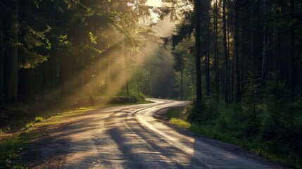 Obraz premium Sunbeams Through Forest Trees on Winding Road.