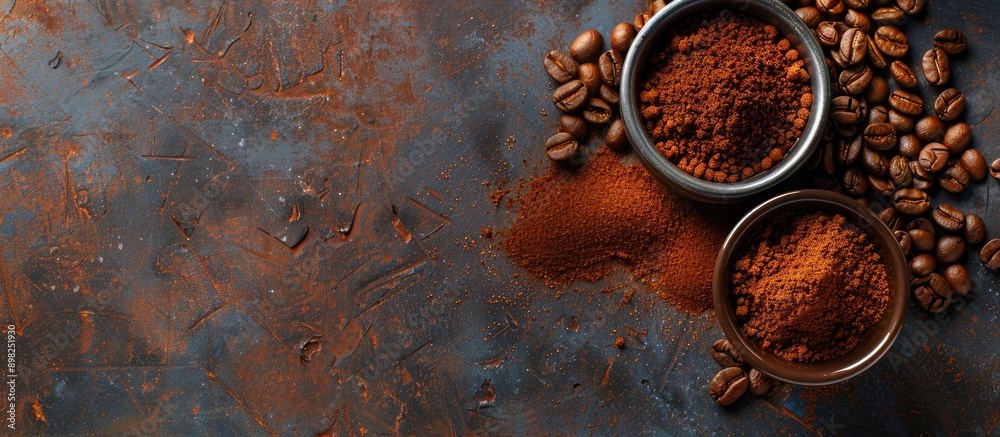 Aufkleber top view of a coffee cup beans and ground powder on a stone background with copy space image
