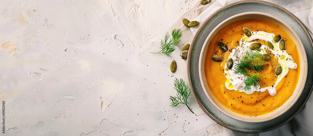 Poster delicious pumpkin soup topped with cream dill and pumpkin seeds in a long format top view copy space