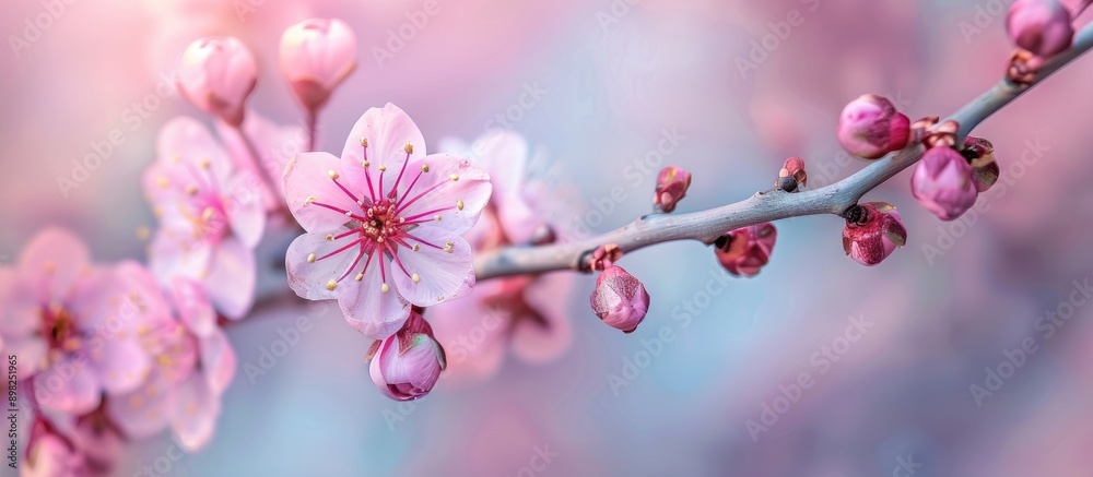 Poster an image of a blooming cherry blossom branch showcasing nature in spring with pink flowers suitable 