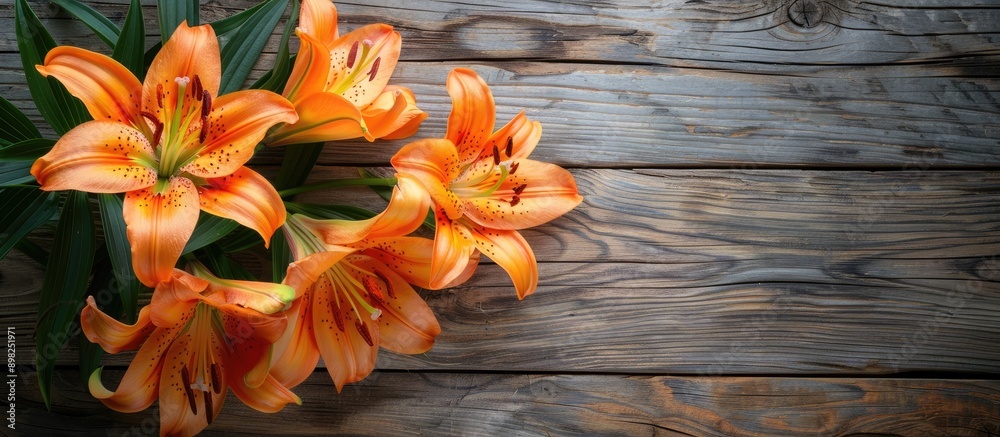 Poster close up of lily flowers on a wooden background with copy space image