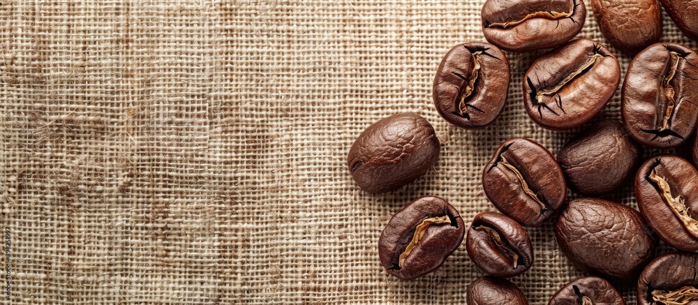 Poster Coffee beans roasted with a linen fabric background providing an ideal copy space image