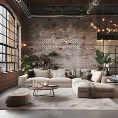 Obraz premium Living room interior in loft, industrial style, 3d render