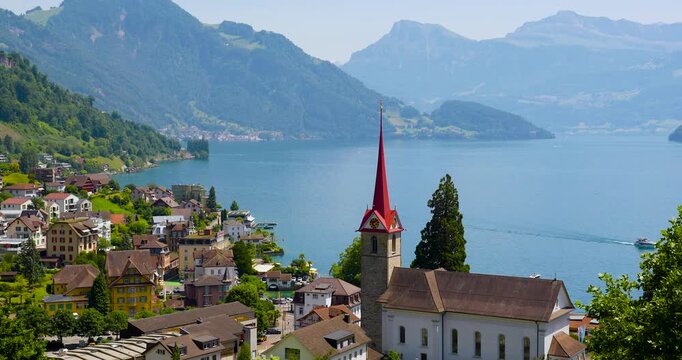 Stunning panoramic view of the town of Weggis on Lake Lucerne in Switzerland.