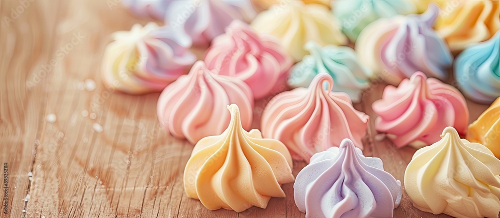 Aufkleber colorful meringue cookies placed on a wooden table with copy space image