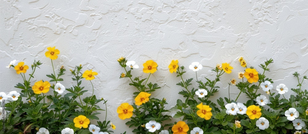 Poster a close up image of yellow and white flowers in a flowerbed set against a white wall with ample copy
