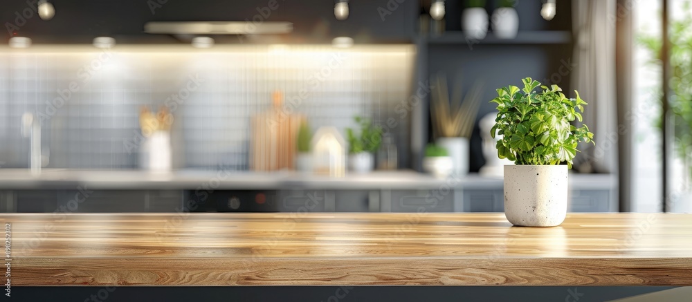 Poster contemporary well lit kitchen with a blurred background featuring a designated area on the right for