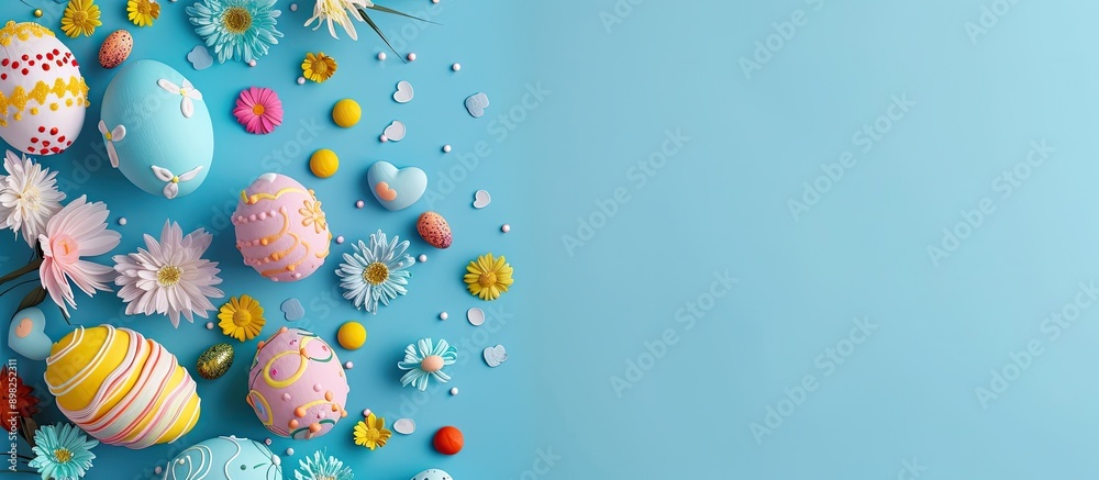 Poster Blue Easter background adorned with colorful eggs and decorations in a flat lay arrangement featuring ample copy space image