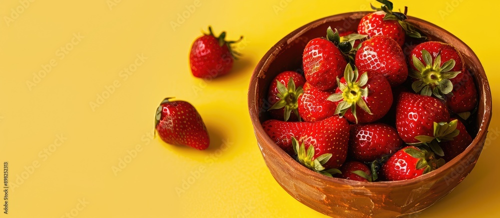 Poster A clay bowl filled with fresh organic strawberries set against a yellow backdrop offering ample copy space for your own design in the image