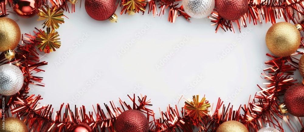 Aufkleber Top view flat lay of decorative frame on white backdrop with tinsel and Christmas balls ideal for holiday greetings portrays a festive Copy space image for Christmas and New Year celebrations