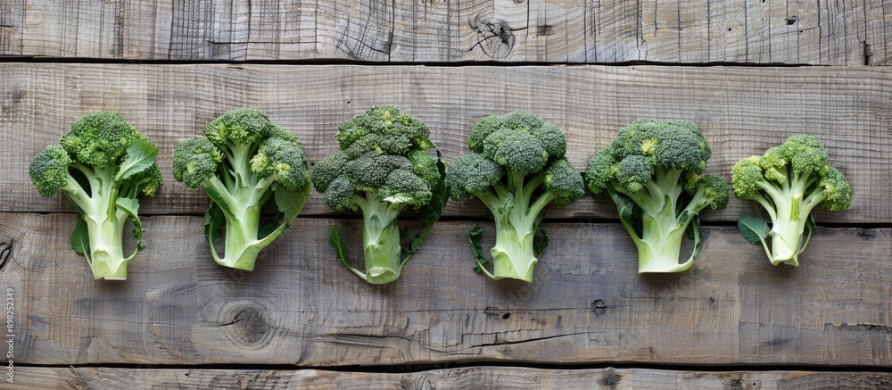 Leinwandbilder broccoli arranged on a wooden surface in a flat lay composition with copy space image