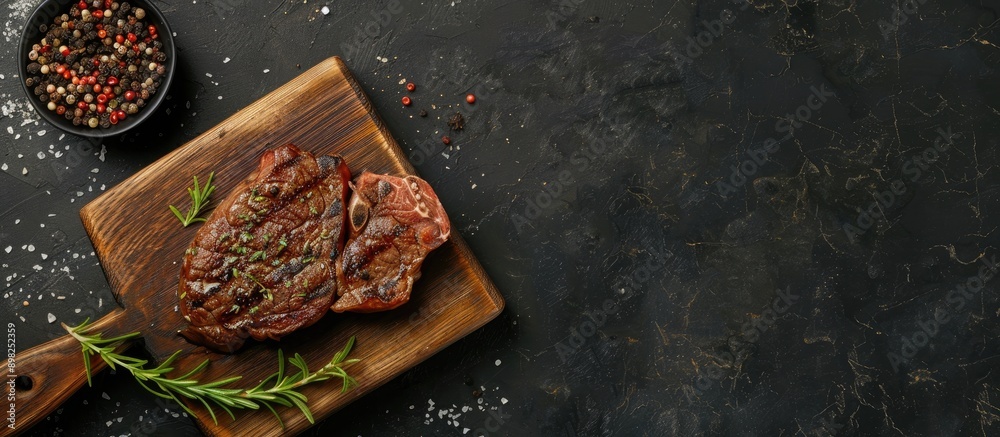 Poster top view of a beef steak with herbs and spices on a cutting board against a stone background with co