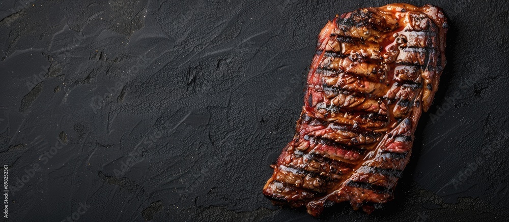 Poster top view of a bbq strip new york steak on a black background with copy space image