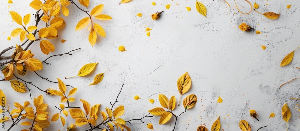 Aufkleber Top down view of a minimalist autumn arrangement with fallen yellow leaves and branches providing copy space in the image