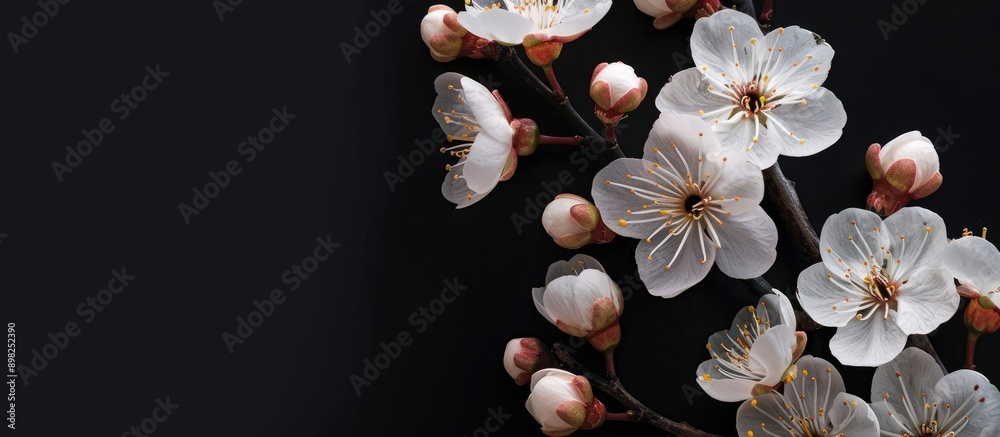 Poster Top view of apricot blossom against black backdrop ideal as a spring banner with copy space image