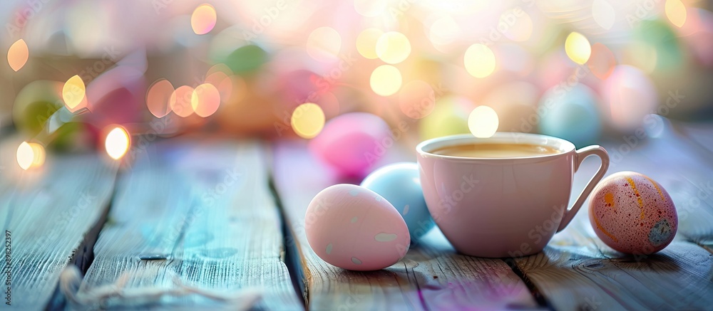Leinwandbilder coffee cup with easter eggs in the background creating a festive copy space image