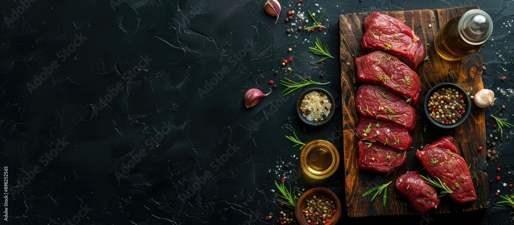Poster Beef tenderloin with various seasonings and oils displayed on a wooden board against a black background in a top view photograph with copy space image