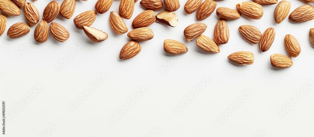 Aufkleber Almond nuts creating a border against a white backdrop with the shadow removed in the clipping path image. Creative banner. Copyspace image