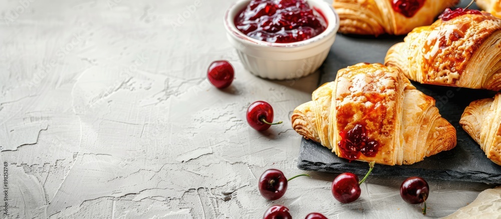 Poster delicious pastries with cherry jam on a bright background with copy space image