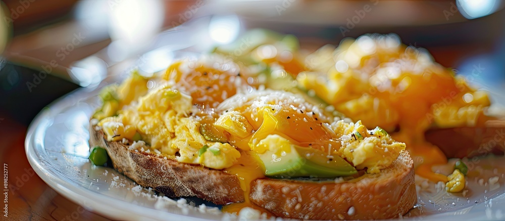 Poster a delectable breakfast choice showcasing toast topped with creamy avocado gooey melted cheese and fl