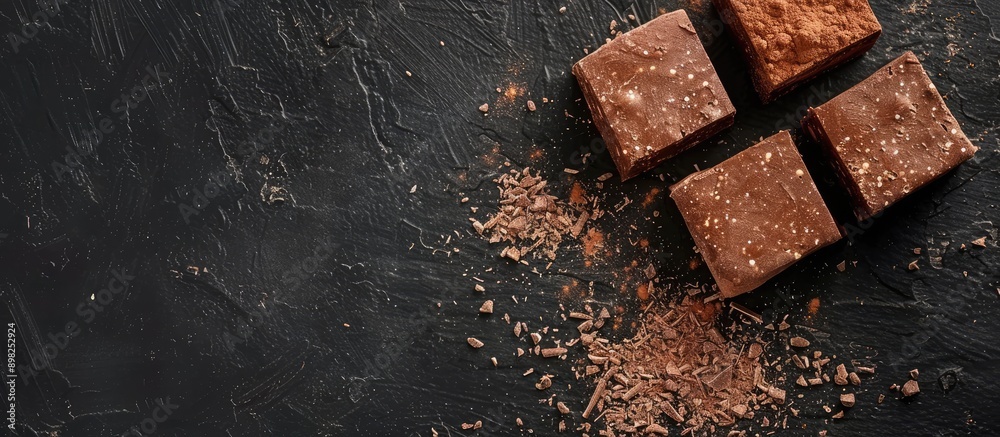 Poster Chocolate halva displayed appetizingly on a black surface in a top down perspective with room for text in the image. Creative banner. Copyspace image