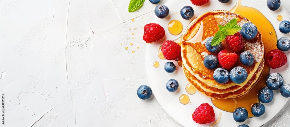Poster delicious american pancakes adorned with raspberries blueberries and honey embodying a breakfast the