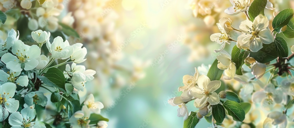 Aufkleber beautiful apple tree branches adorned with white flowers and green leaves in full bloom creating a s