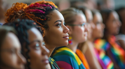 Diverse group of people attending a community event, focusing on individuals with colorful attire and attentive expressions.