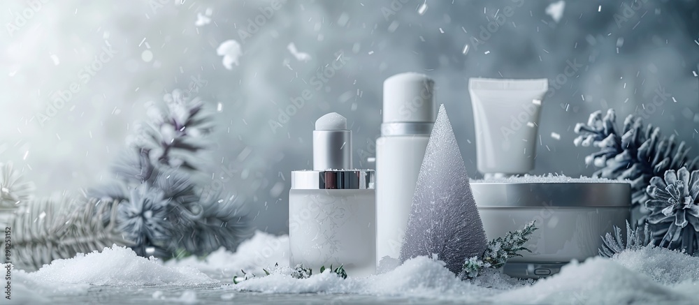 Poster Cosmetic products displayed on a grey backdrop with a snowy effect featuring copy space image
