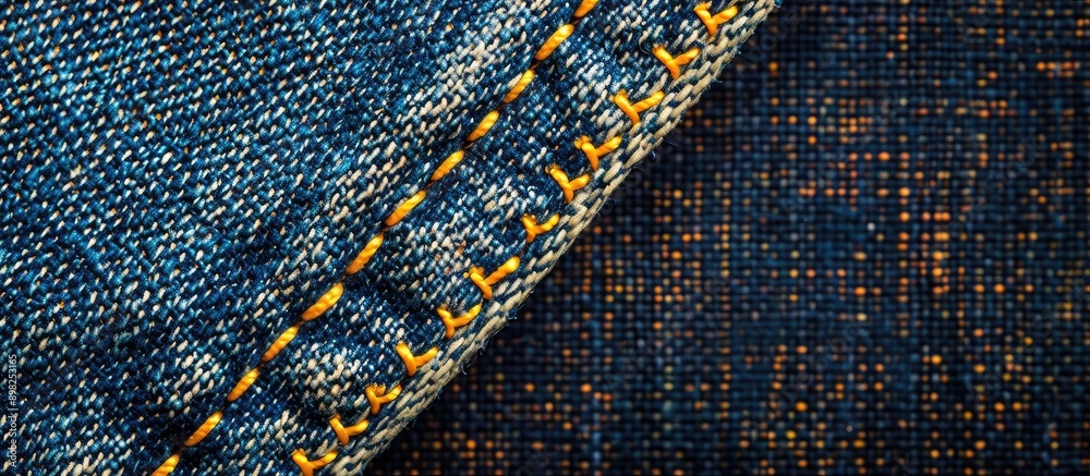 Poster View from above of denim fabric with a prominent double yellow seam creating a captivating background texture perfect for copy space image