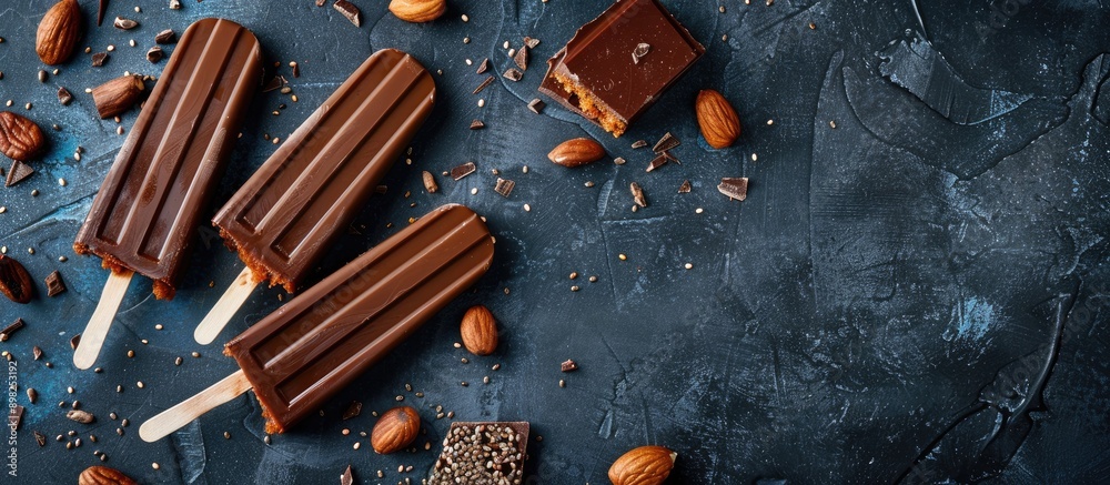 Poster chia popsicle with raw carrot cake and chocolate on a dark blue backdrop ideal as a homemade vegan e