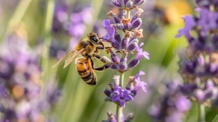 Fototapeta premium Honeybee Pollinating Lavender Flower.