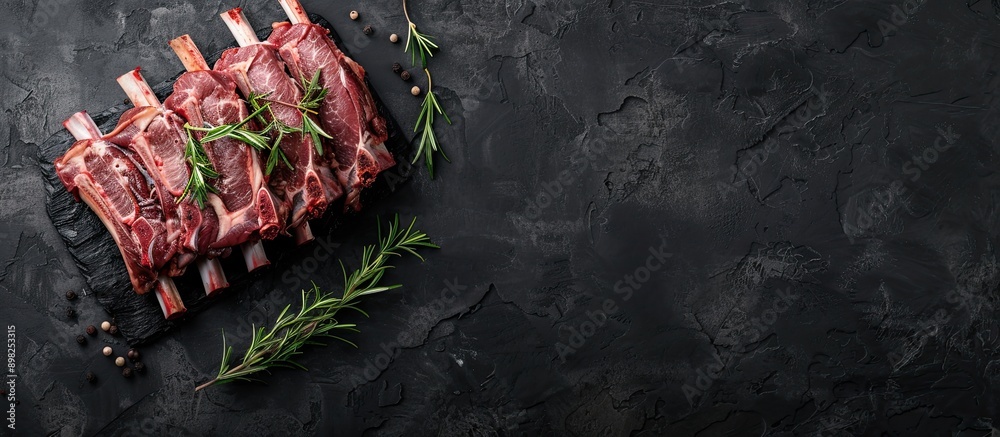 Poster A butcher table displaying a raw rack of lamb ribs with a dark background in a top view Ample copy space for customization in the image