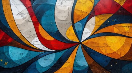  A detailed view of a painting adorning a building's wall, featuring a clock nearby