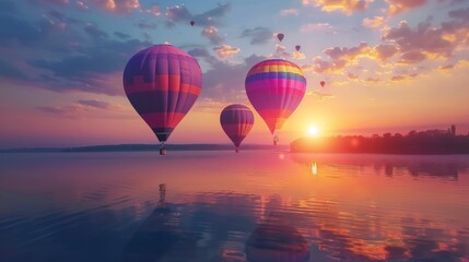 Fototapeta premium Hot Air Balloons at Sunset Over Water.