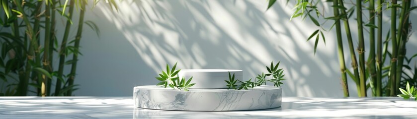 Obraz premium Modern Minimalist Marble Display with Green Bamboo Leaves in Sunlit Background