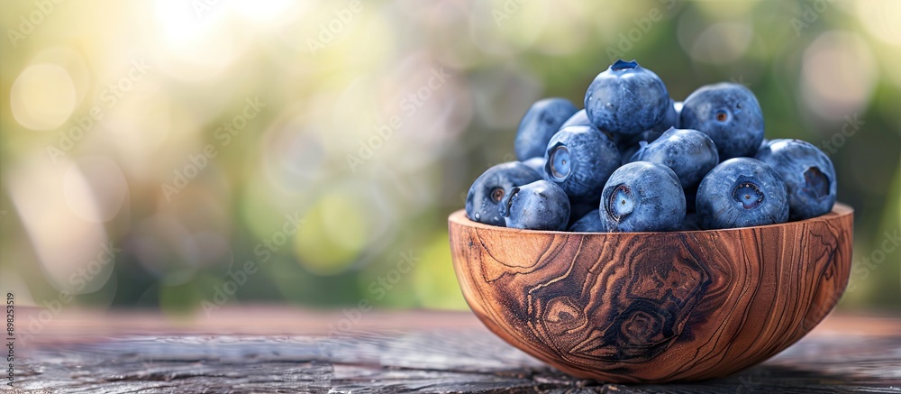 Poster Blueberries in a wooden bowl on a table with a blurred background perfect for a copy space image