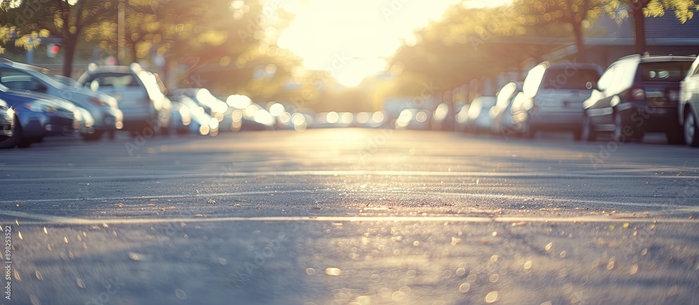 Poster blurred background of a parking lot on a sunny morning featuring a blank area for text in the pictur