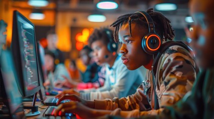 Focused gamers at a competitive eSports event, immersed in their gameplay with headsets and neon lights in the background.