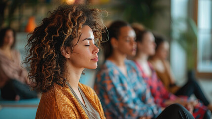 Group meditation session with people sitting peacefully, eyes closed, focusing on mindfulness and inner peace in a serene indoor setting.