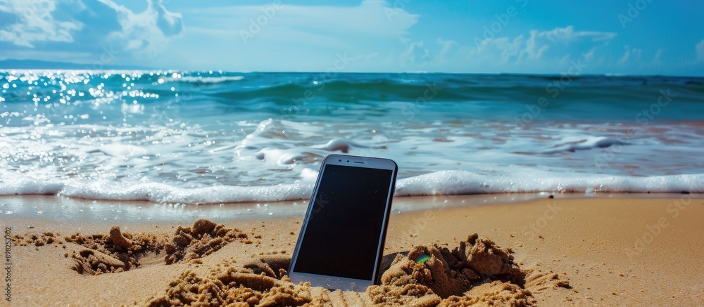 Aufkleber A cellphone on the sandy shore with a beautiful seascape in the background suitable as a copy space image