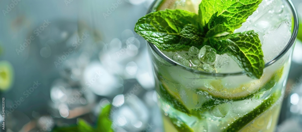 Poster Close up image of a refreshing mojito cocktail garnished with fresh mint featuring rum lime and soda with copy space image