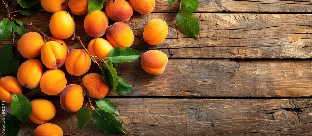 Aufkleber Close up of ripe apricots on a wooden table with copy space image