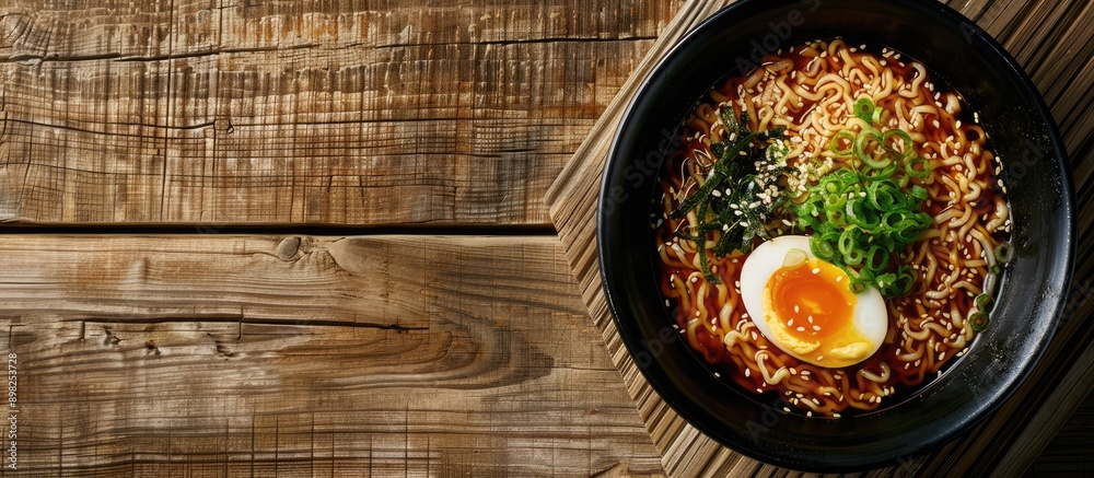 Aufkleber Top down view of delectable miso ramen with an egg in a bowl on a wooden surface ideal for adding text such as in a copy space image