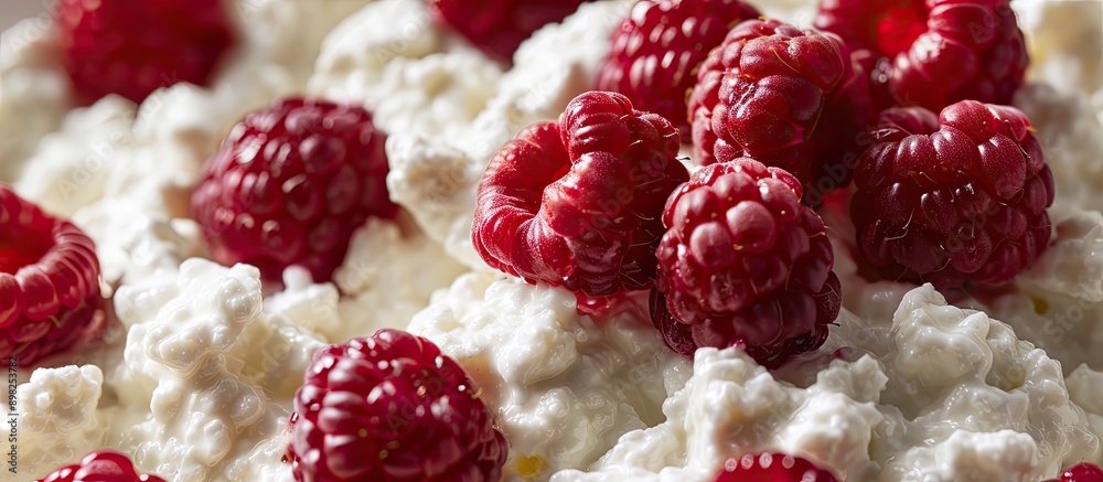 Leinwandbilder close up shot of breakfast featuring fresh cottage cheese topped with raspberries with a blank space